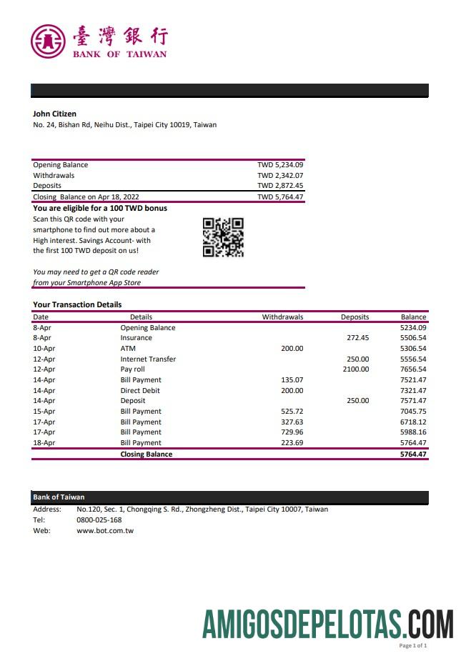 Exemplo de extrato bancário do Banco de Taiwan de Taiwan Xls
